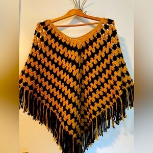 Crochet yellow/light brown and black poncho - one size